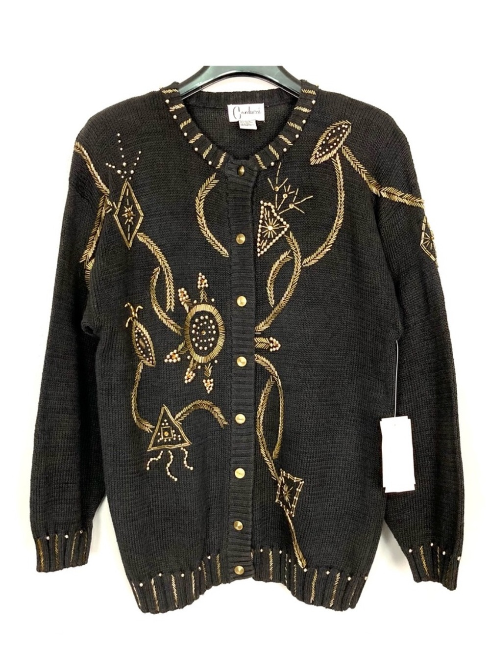 Vintage Beaded Relaxed Cardigan Sweater Women’s Size M Button Front Dynasty Gold